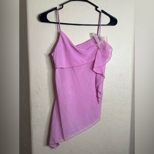 Muaa USA Pink Asymmetrical Chiffon Cami Top Floral Ruffle Strap Y2K 90’s L